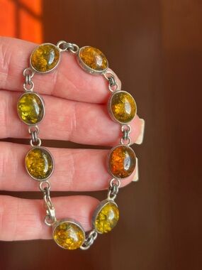 Sterling Silver Amber Link Bracelet - Brown Green